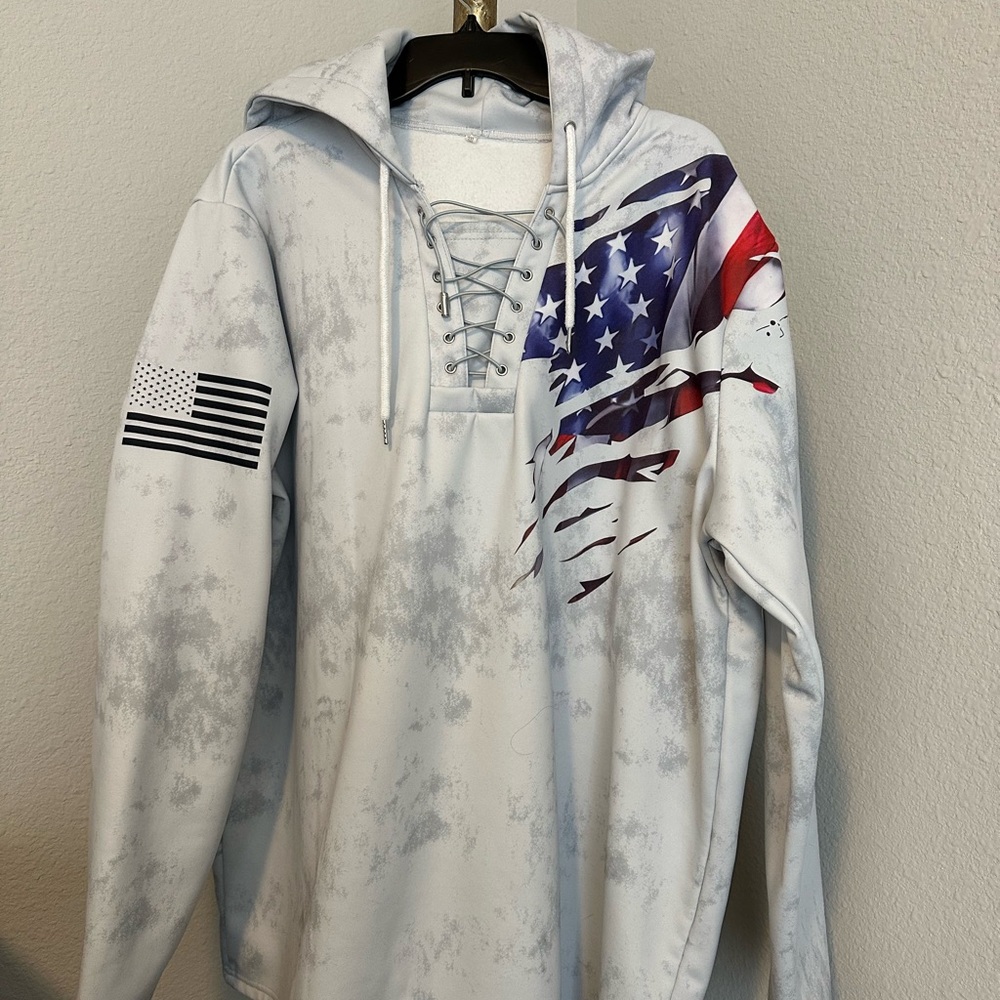 Men's White Lace-Up Hooded Shirt with American Flag Graphic. Never worn.